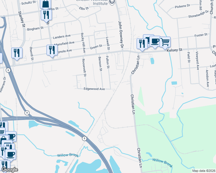 map of restaurants, bars, coffee shops, grocery stores, and more near 128 Fulton Street in New Britain
