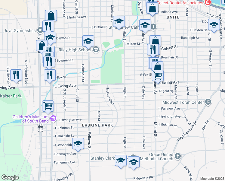map of restaurants, bars, coffee shops, grocery stores, and more near 702 East Ewing Avenue in South Bend