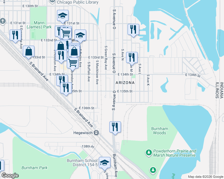 map of restaurants, bars, coffee shops, grocery stores, and more near 13444 South Avenue O in Chicago