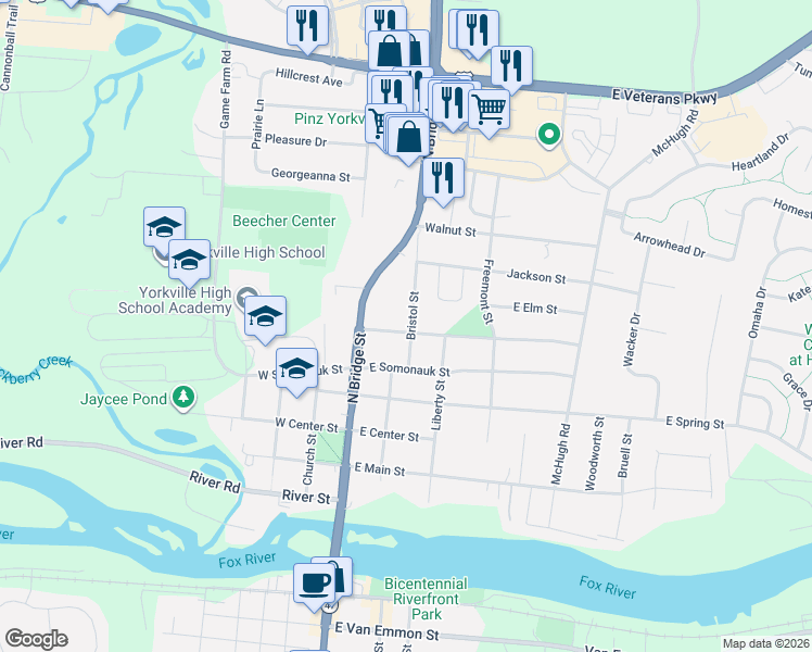map of restaurants, bars, coffee shops, grocery stores, and more near 107A Park Street in Yorkville