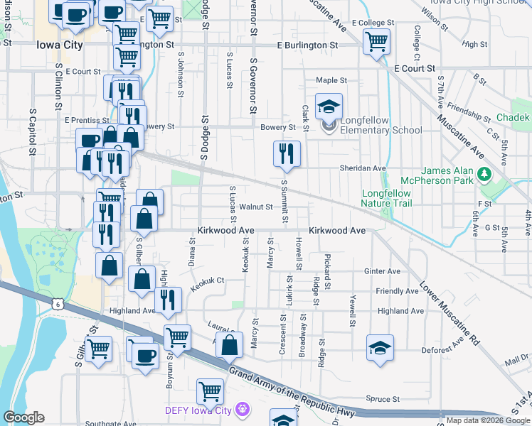 map of restaurants, bars, coffee shops, grocery stores, and more near 836-916 Walnut Street in Iowa City