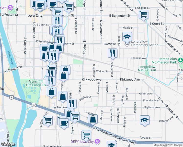 map of restaurants, bars, coffee shops, grocery stores, and more near 906 South Lucas Street in Iowa City