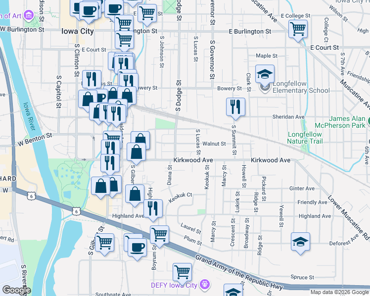 map of restaurants, bars, coffee shops, grocery stores, and more near 715 Walnut Street in Iowa City