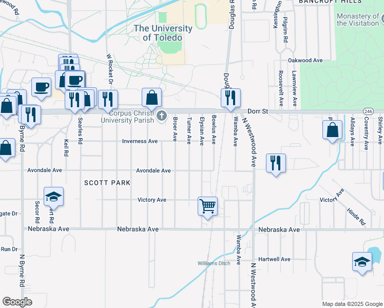 map of restaurants, bars, coffee shops, grocery stores, and more near 1002 Turner Avenue in Toledo