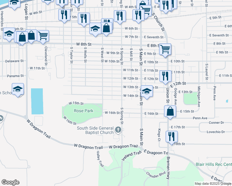 map of restaurants, bars, coffee shops, grocery stores, and more near 320 West 14th Street in Mishawaka