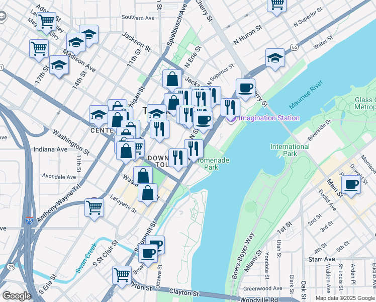 map of restaurants, bars, coffee shops, grocery stores, and more near 200 N St Clair St in Toledo