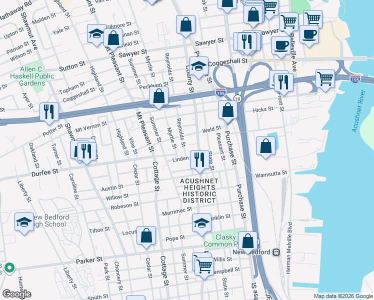 map of restaurants, bars, coffee shops, grocery stores, and more near 21 Reynolds Street in New Bedford