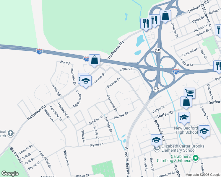 map of restaurants, bars, coffee shops, grocery stores, and more near 318 Gardner Street in New Bedford