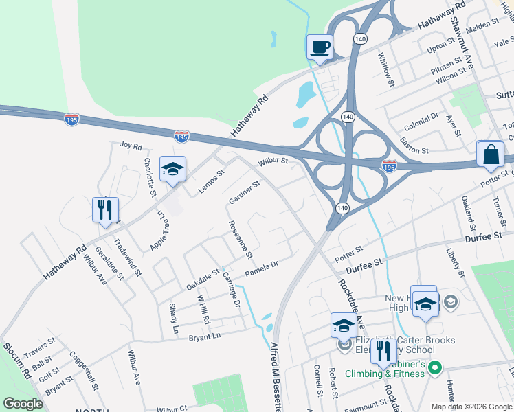 map of restaurants, bars, coffee shops, grocery stores, and more near 568 Lantern Lane in New Bedford