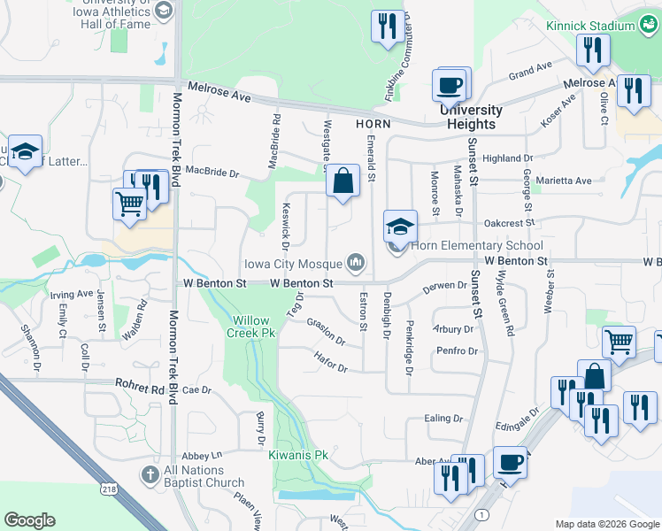 map of restaurants, bars, coffee shops, grocery stores, and more near 724 Westgate Street in Iowa City