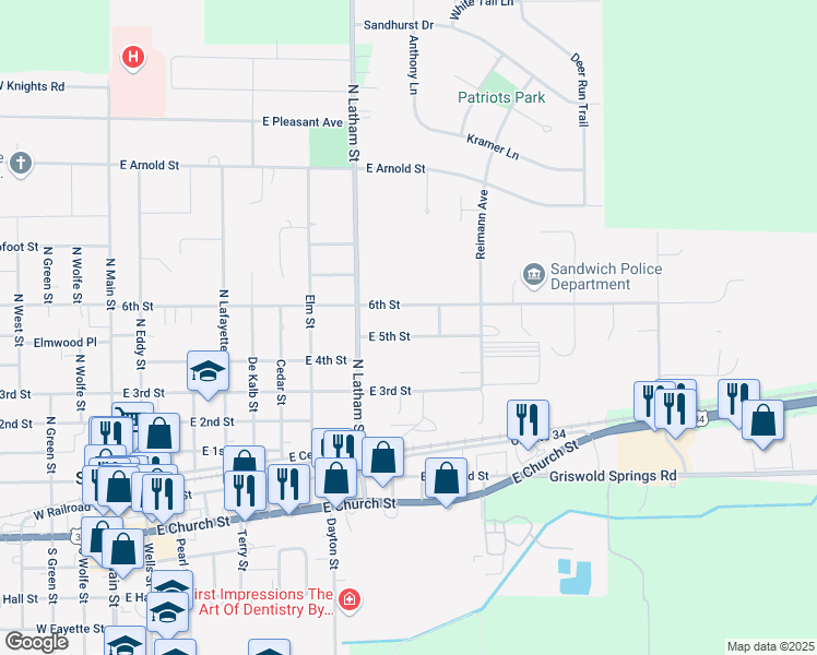 map of restaurants, bars, coffee shops, grocery stores, and more near 1014 6th Street in Sandwich