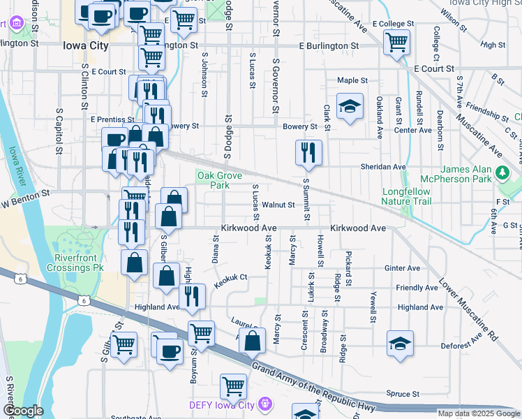 map of restaurants, bars, coffee shops, grocery stores, and more near 906 South Lucas Street in Iowa City