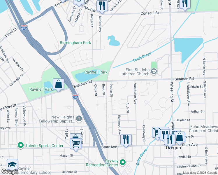 map of restaurants, bars, coffee shops, grocery stores, and more near 24 Poplar Street in Toledo