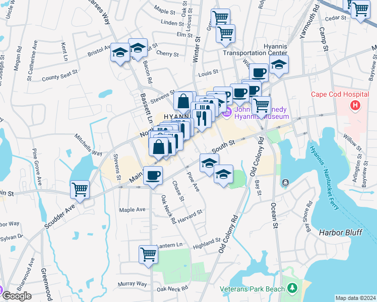 map of restaurants, bars, coffee shops, grocery stores, and more near 17 High School Road in Barnstable