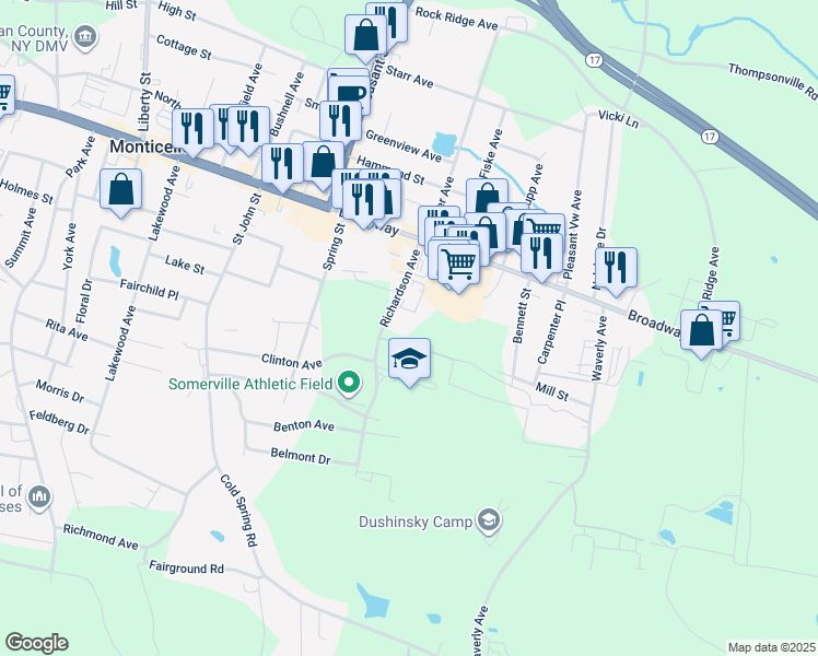 map of restaurants, bars, coffee shops, grocery stores, and more near 47 Richardson Avenue in Monticello