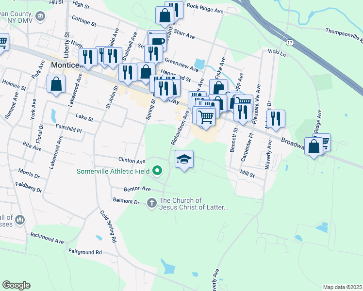 map of restaurants, bars, coffee shops, grocery stores, and more near 47 Richardson Avenue in Monticello