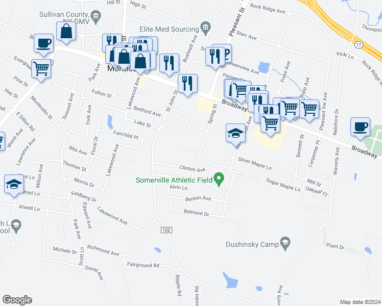 map of restaurants, bars, coffee shops, grocery stores, and more near 4 Myrtle Avenue in Monticello