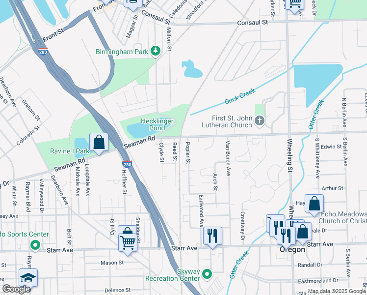 map of restaurants, bars, coffee shops, grocery stores, and more near 16 Poplar Street in Toledo