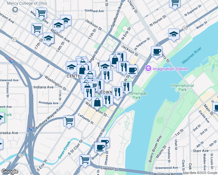 map of restaurants, bars, coffee shops, grocery stores, and more near 505 Jefferson Avenue in Toledo