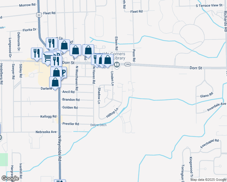 map of restaurants, bars, coffee shops, grocery stores, and more near 1116 Linden Lane in Toledo