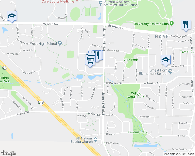 map of restaurants, bars, coffee shops, grocery stores, and more near 2424 Bittersweet Court in Iowa City