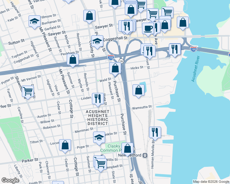 map of restaurants, bars, coffee shops, grocery stores, and more near 1851 Purchase Street in New Bedford