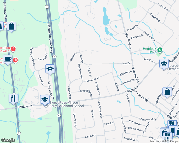 map of restaurants, bars, coffee shops, grocery stores, and more near 30 Gould Place in East Greenwich