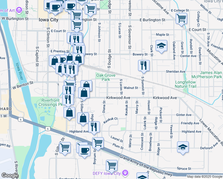 map of restaurants, bars, coffee shops, grocery stores, and more near 715 Walnut Street in Iowa City