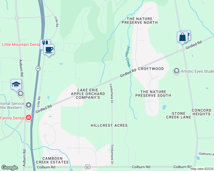 map of restaurants, bars, coffee shops, grocery stores, and more near 11382 County Highway 202 in Painesville