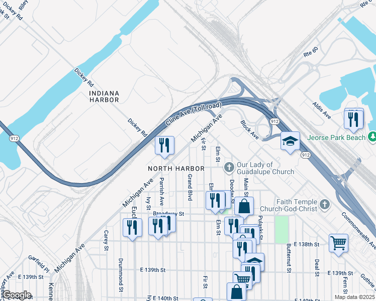 map of restaurants, bars, coffee shops, grocery stores, and more near 3437 Michigan Avenue in East Chicago