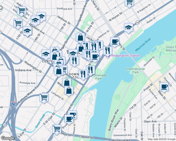 map of restaurants, bars, coffee shops, grocery stores, and more near 200 N St Clair St in Toledo
