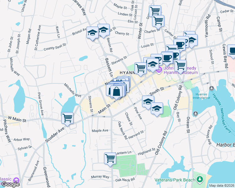 map of restaurants, bars, coffee shops, grocery stores, and more near 570 Main Street in Barnstable
