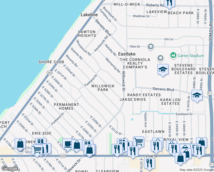 map of restaurants, bars, coffee shops, grocery stores, and more near 957 Quentin Road in Eastlake