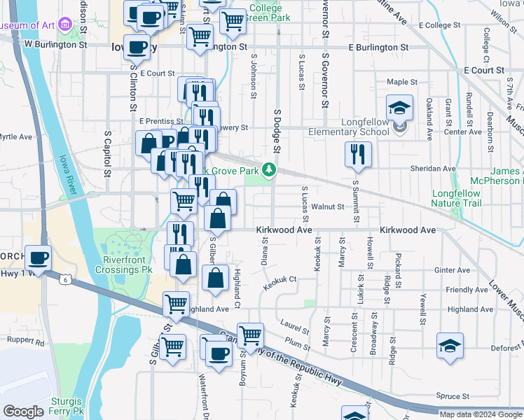 map of restaurants, bars, coffee shops, grocery stores, and more near 621 Walnut Street in Iowa City