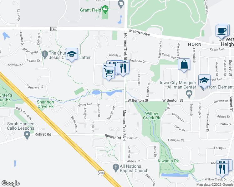 map of restaurants, bars, coffee shops, grocery stores, and more near 2424 Bittersweet Ct in Iowa City