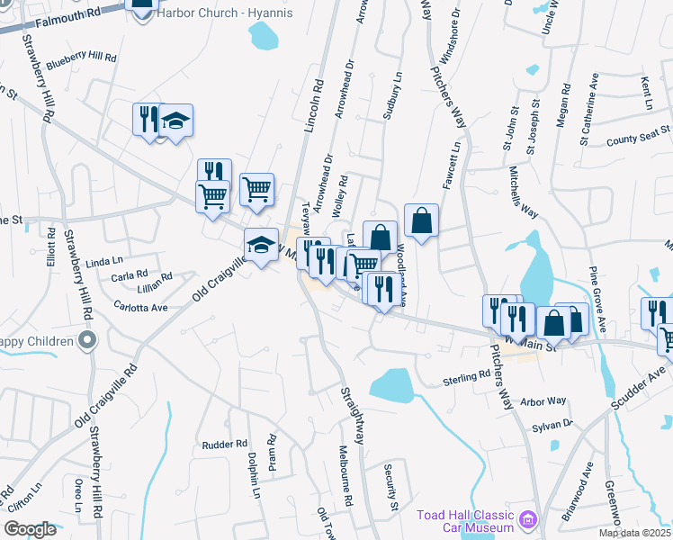 map of restaurants, bars, coffee shops, grocery stores, and more near 460 West Main Street in Barnstable