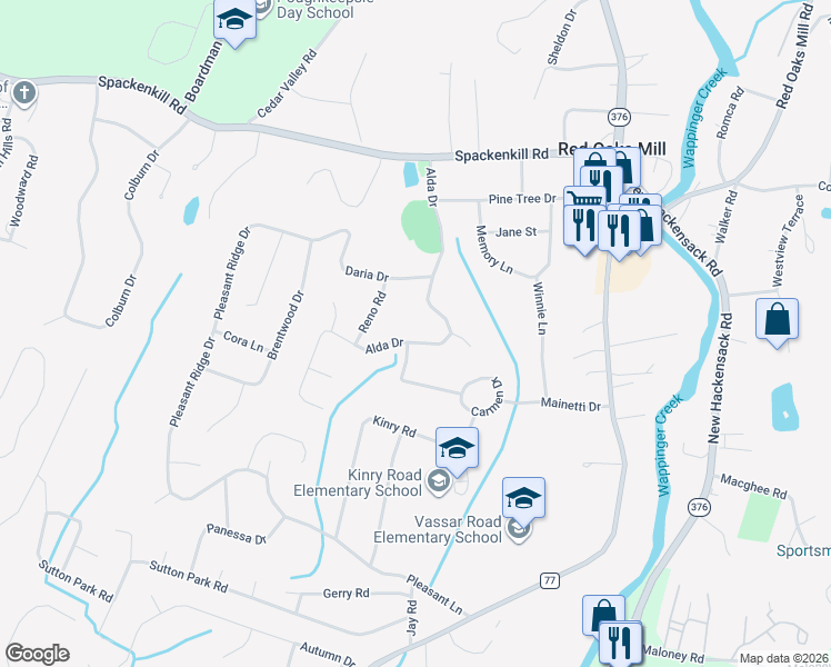 map of restaurants, bars, coffee shops, grocery stores, and more near 47 Alda Drive in Poughkeepsie