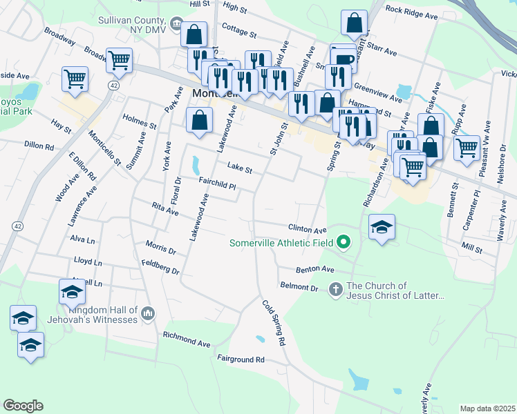 map of restaurants, bars, coffee shops, grocery stores, and more near 63 Saint John Street in Monticello