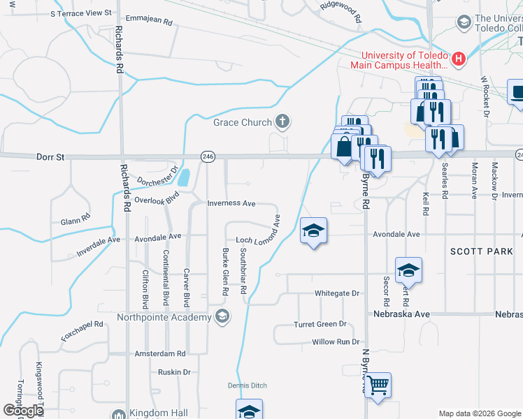 map of restaurants, bars, coffee shops, grocery stores, and more near 3743 Inverness Avenue in Toledo