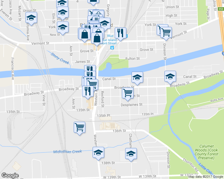map of restaurants, bars, coffee shops, grocery stores, and more near 2315 Broadway Street in Blue Island