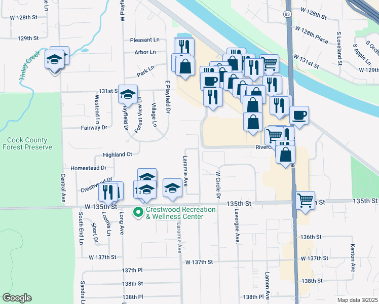 map of restaurants, bars, coffee shops, grocery stores, and more near 13301 Laramie Avenue in Crestwood