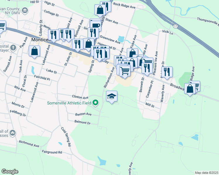 map of restaurants, bars, coffee shops, grocery stores, and more near 47 Richardson Avenue in Monticello