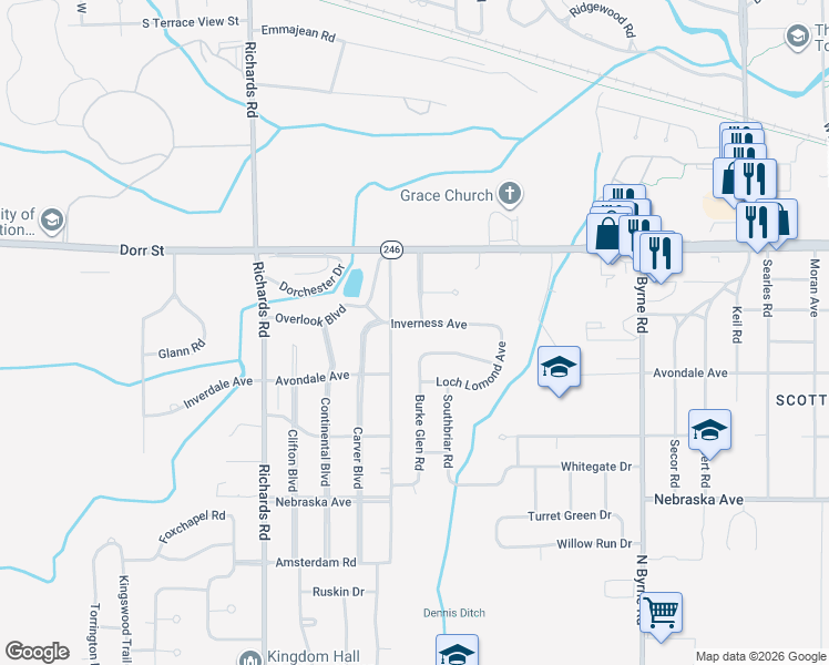 map of restaurants, bars, coffee shops, grocery stores, and more near 3929 Inverness Avenue in Toledo