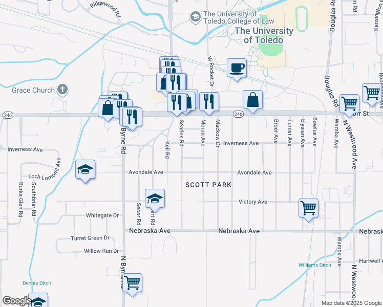 map of restaurants, bars, coffee shops, grocery stores, and more near 3226 Dolores Avenue in Toledo