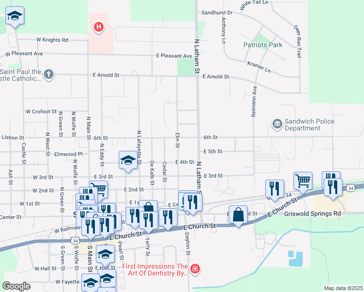 map of restaurants, bars, coffee shops, grocery stores, and more near 517 Elm Street in Sandwich