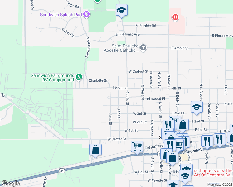 map of restaurants, bars, coffee shops, grocery stores, and more near 509 Ash Street in Sandwich