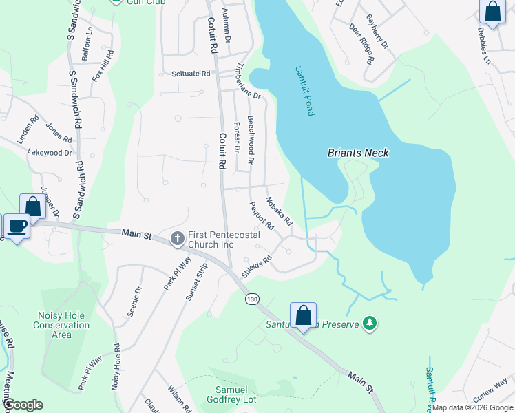 map of restaurants, bars, coffee shops, grocery stores, and more near 35 Pequot Road in Mashpee