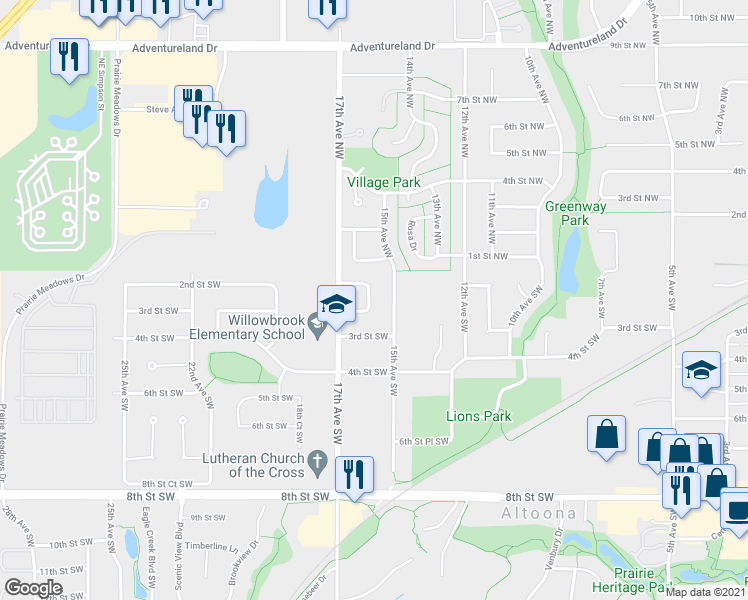 map of restaurants, bars, coffee shops, grocery stores, and more near 1663 Glade Drive Southwest in Altoona