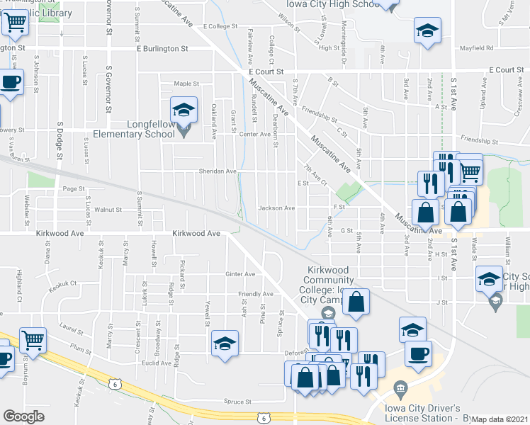 map of restaurants, bars, coffee shops, grocery stores, and more near 1507 Jackson Avenue in Iowa City