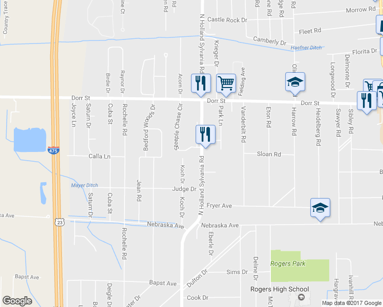 map of restaurants, bars, coffee shops, grocery stores, and more near 5912 Steeple Chase Circle in Toledo
